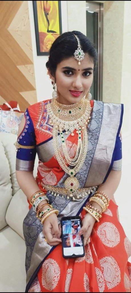 Traditional Bridal â€“ Red Blue Silk Saree with Temple Gold